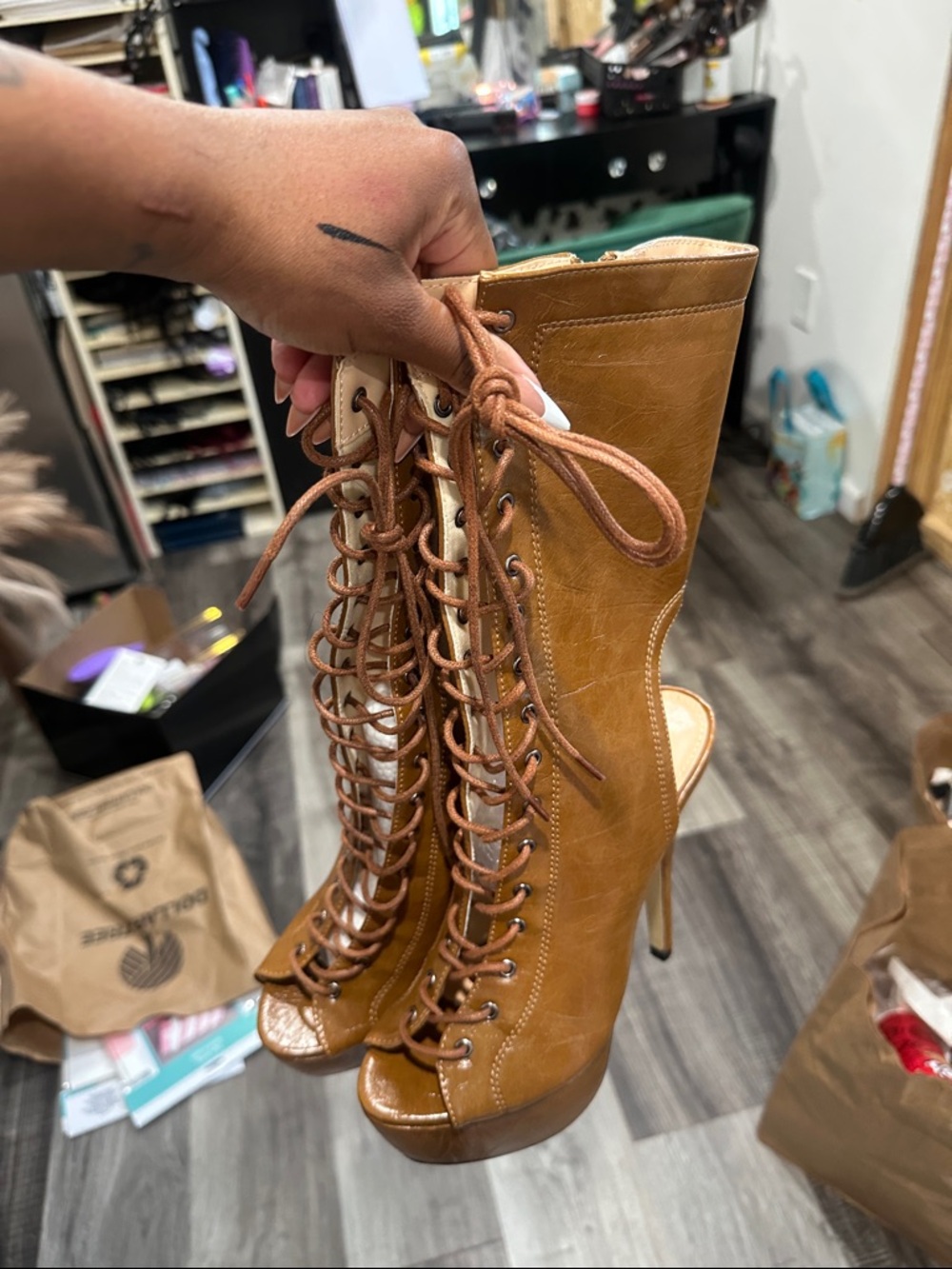 Lace-Up Peep Toe High Heel Bootie — Tan